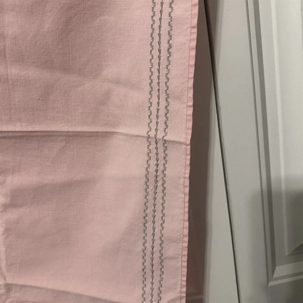 Vintage Tablecloth Topper Pink Silver Embroidered Trim Stripe
